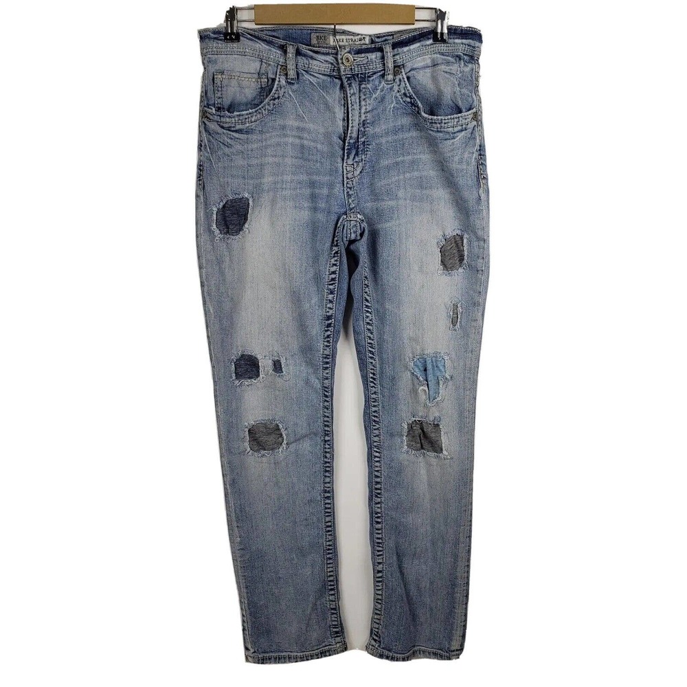 BKE Jeans Mens 33R 34x42 Blue Jake Straight Distressed Denim Rocker Patch Buckle
